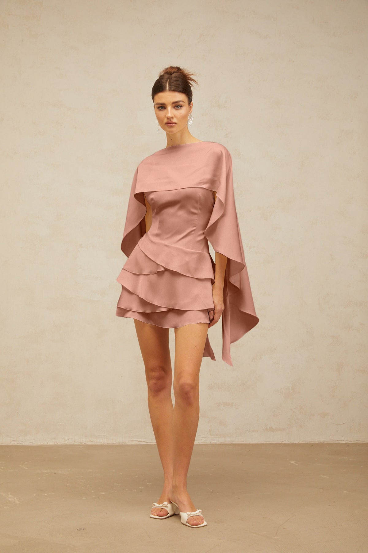 Lyna shawl-panel ruffled satin mini dress in Pink