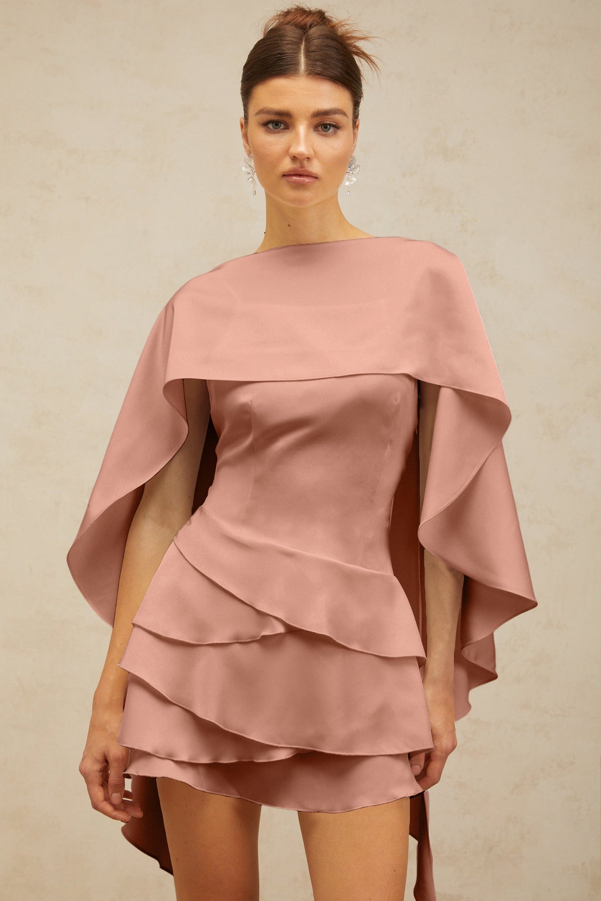 Lyna shawl-panel ruffled satin mini dress in Pink