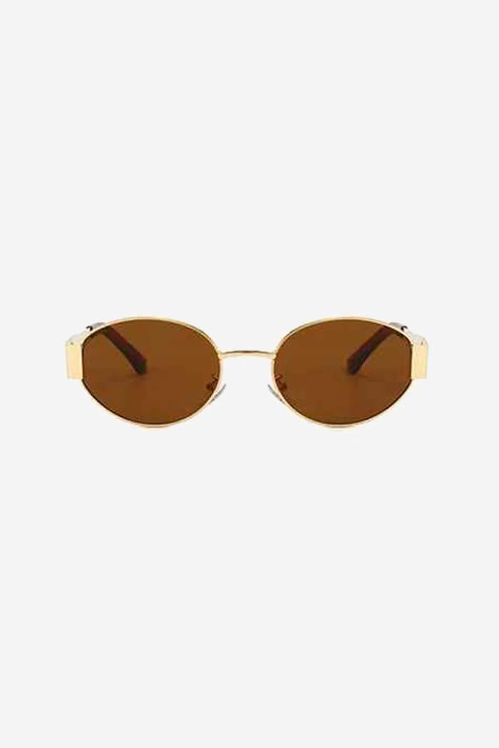 Oval Frame Sunglasses with Engraved Wide Gold Temples – Brown