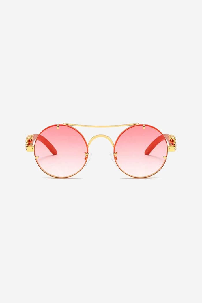 Round Sunglasses with Sculpted Leopard Temples and Double Gold Bridge – Pink