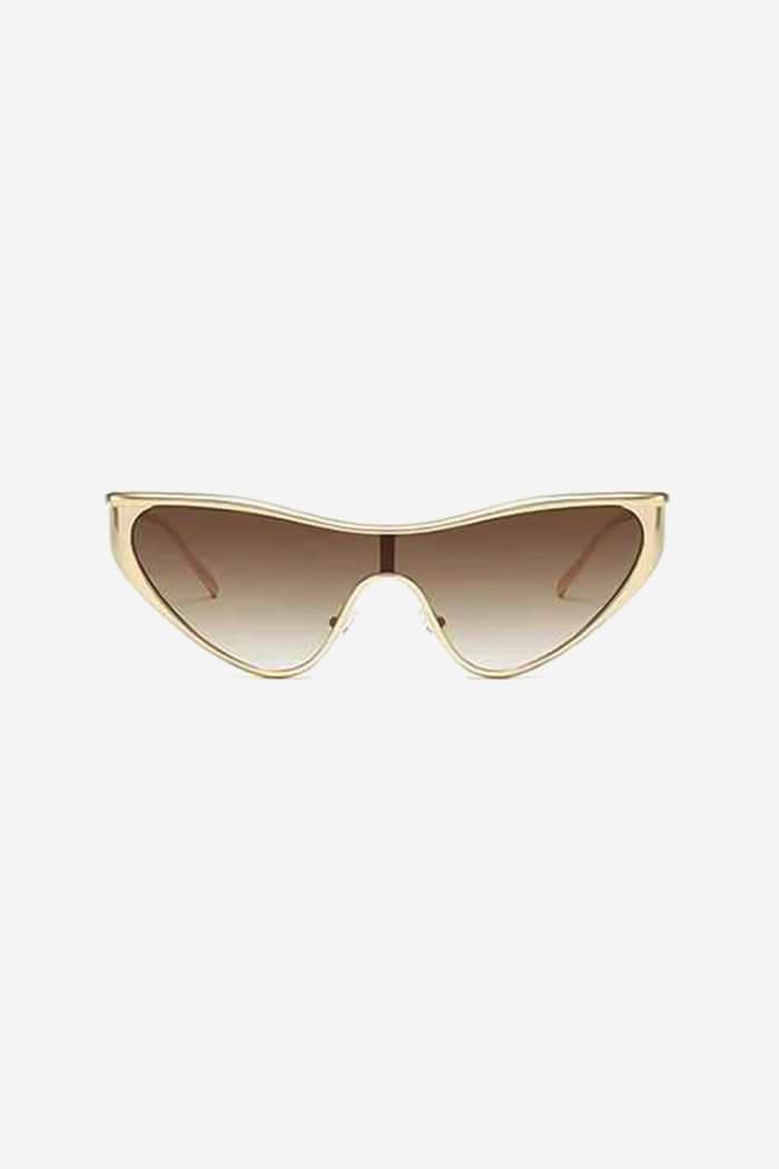 Futuristic Cat-Eye Shield Sunglasses with Gold Frame – Brown