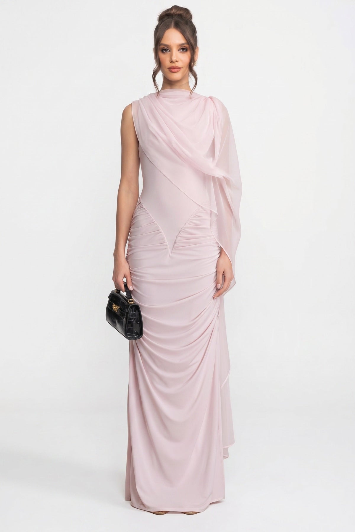 One-Shoulder Draped Maxi Dress With Sheer Scarf Detail - Pink
