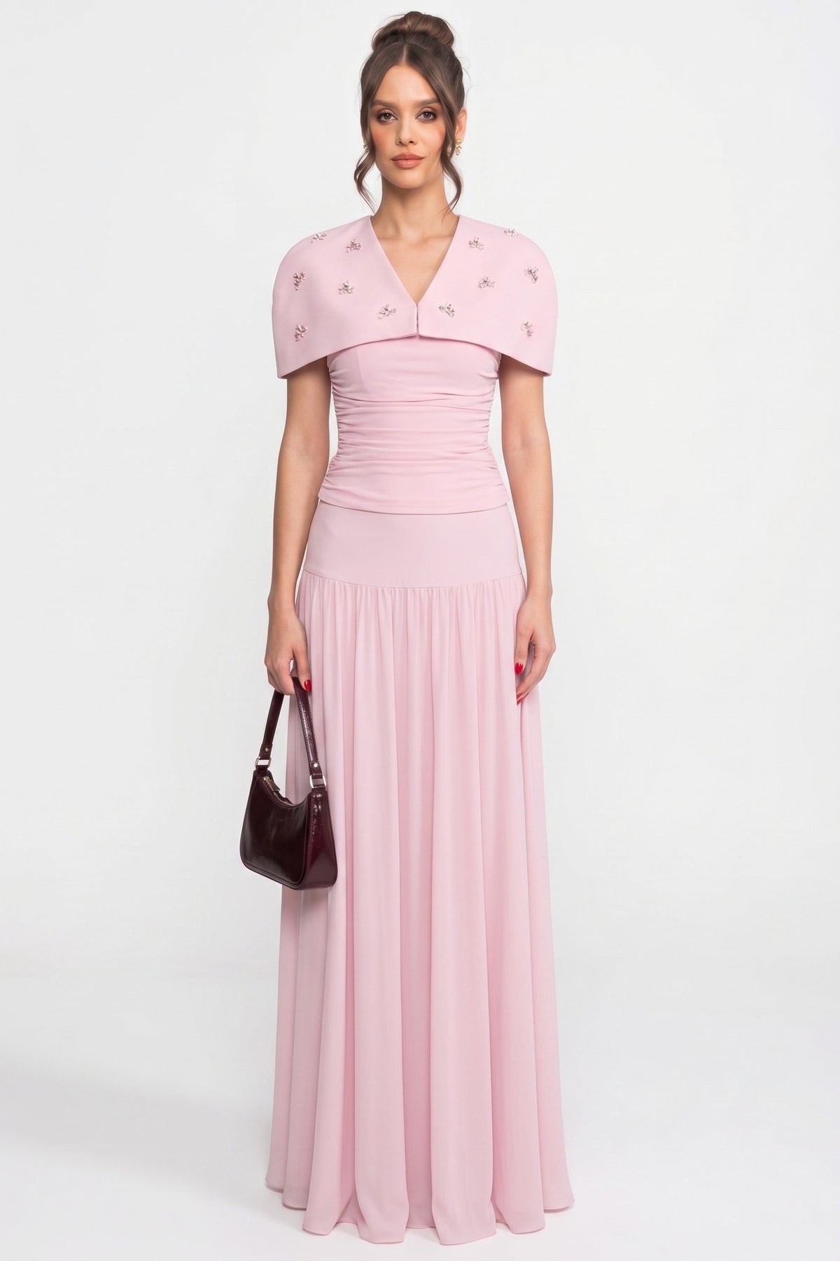 3-Piece Co-Ord Set With Ruched Top, Detachable Cape And Maxi Skirt - Pink