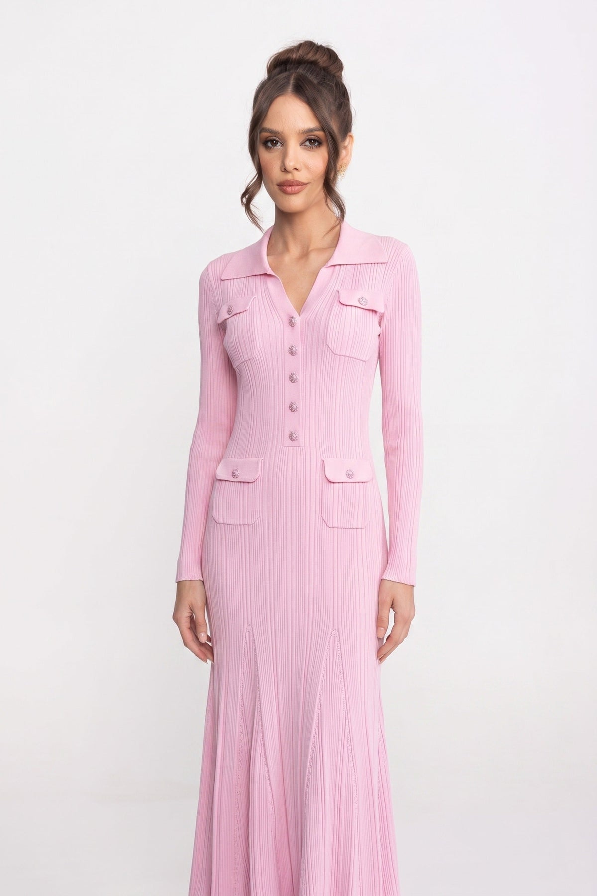 Long-Sleeve Button-Front Knit Maxi Dress With Patch Pockets - Pink