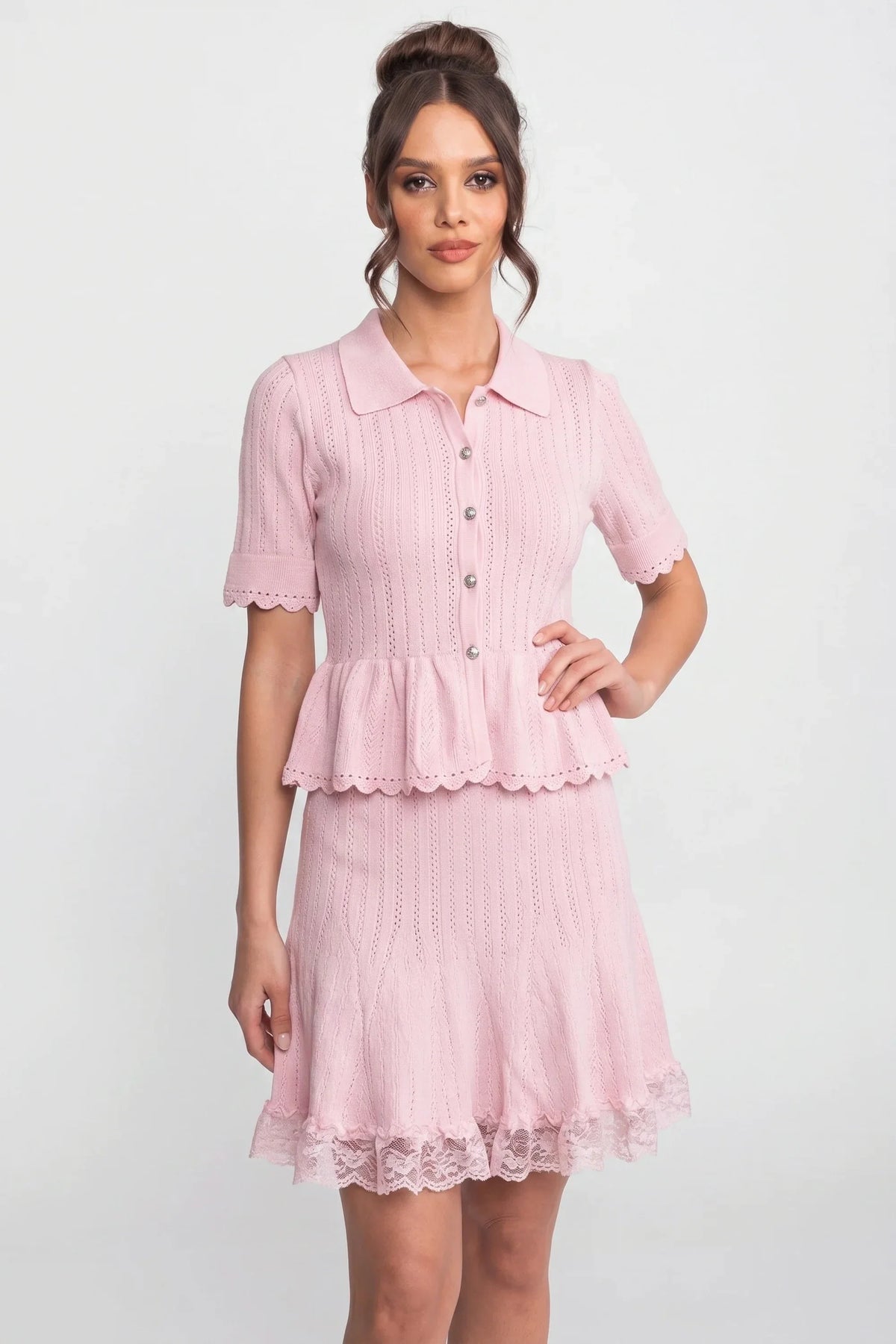 Polo-Collar Mini Dress With Button Top, Peplum Waist And Lace Hem - Pink