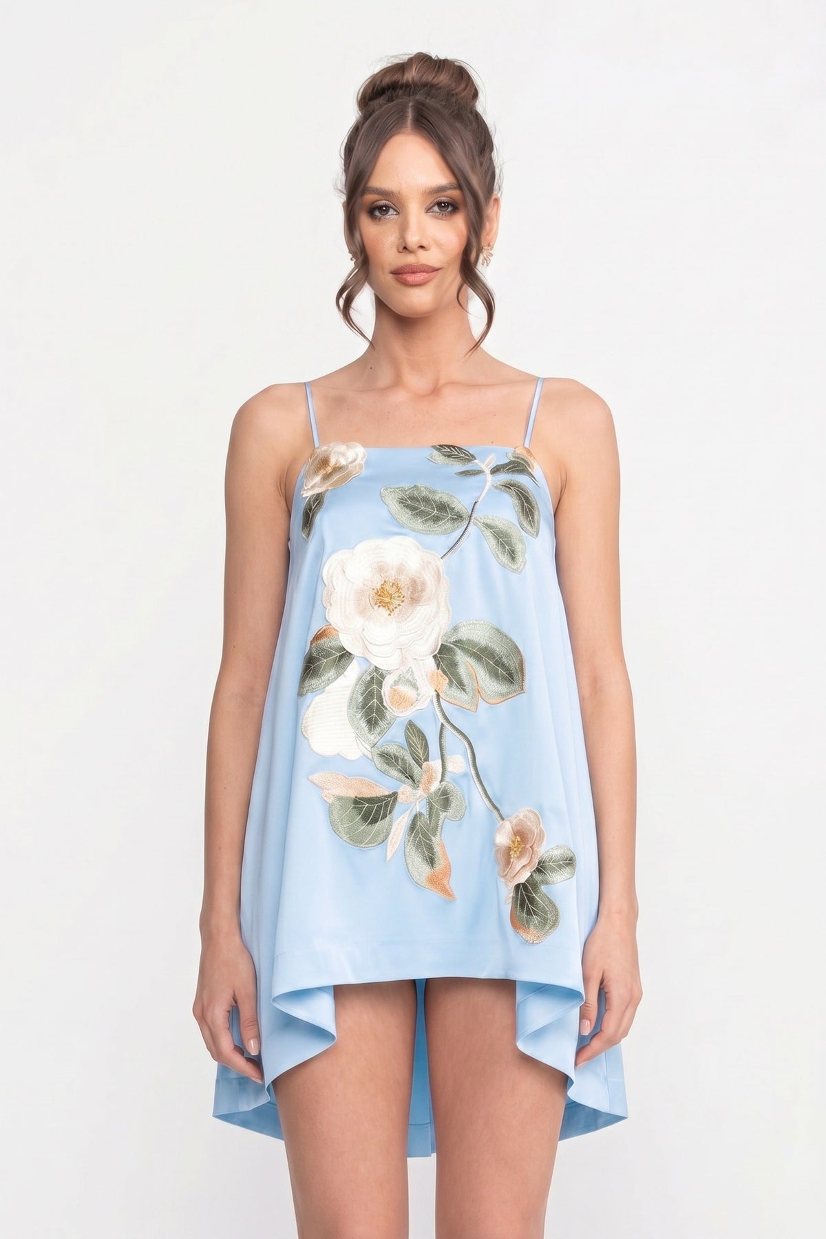 Spaghetti-Strap Mini Dress With 3D Floral Appliqué And A-Line Skirt - Blue