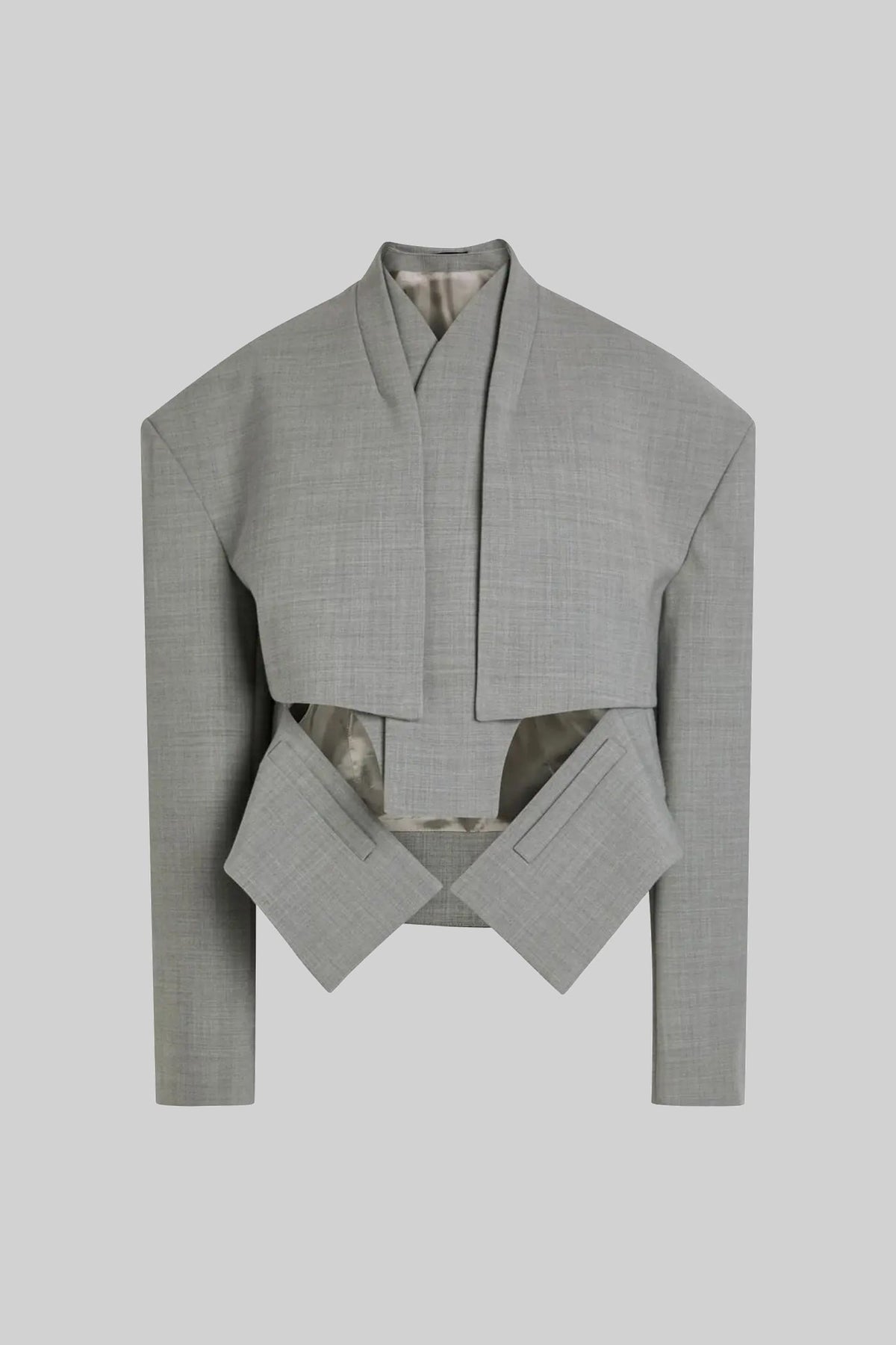 Cropped Long Sleeve Blazer With Cut-Out Waist Detail - Gray