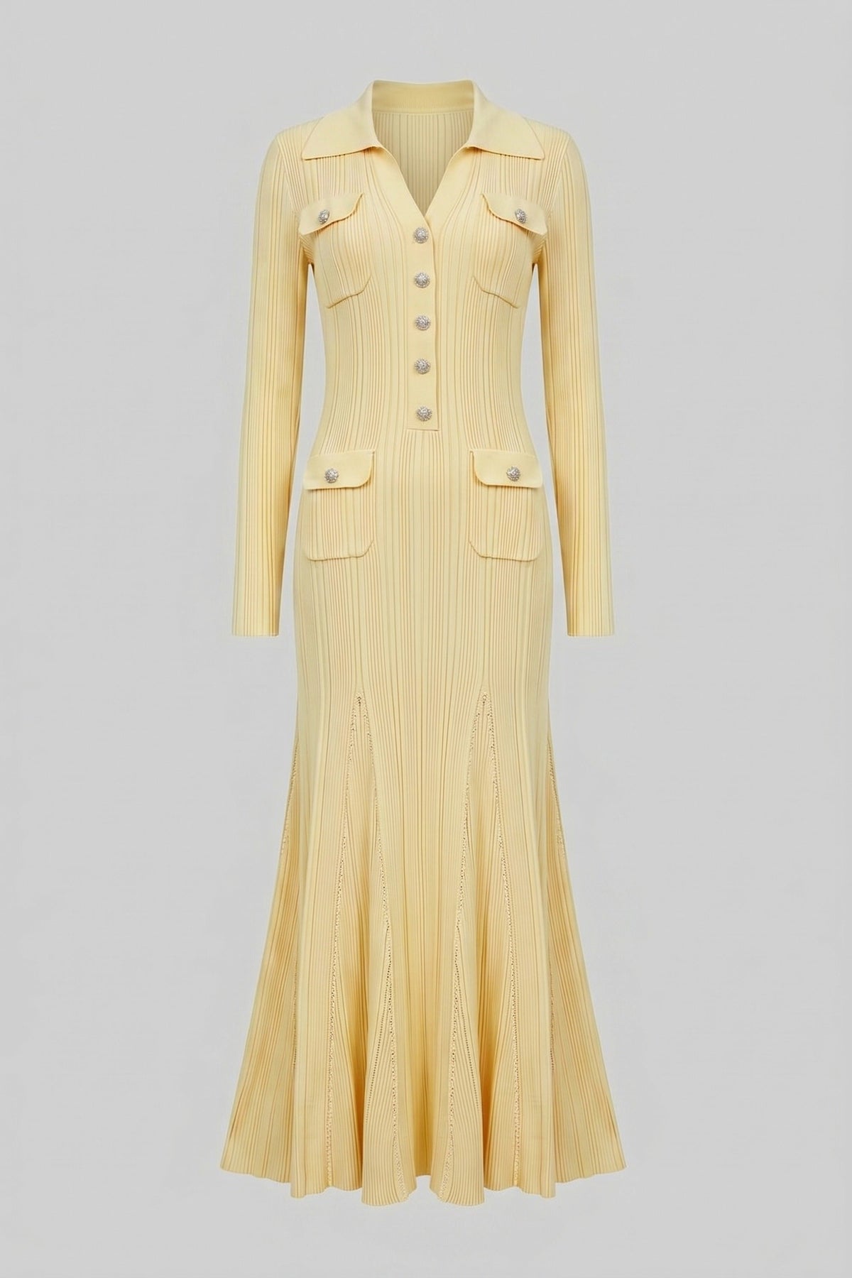 Long-Sleeve Button-Front Knit Maxi Dress With Patch Pockets - Yellow