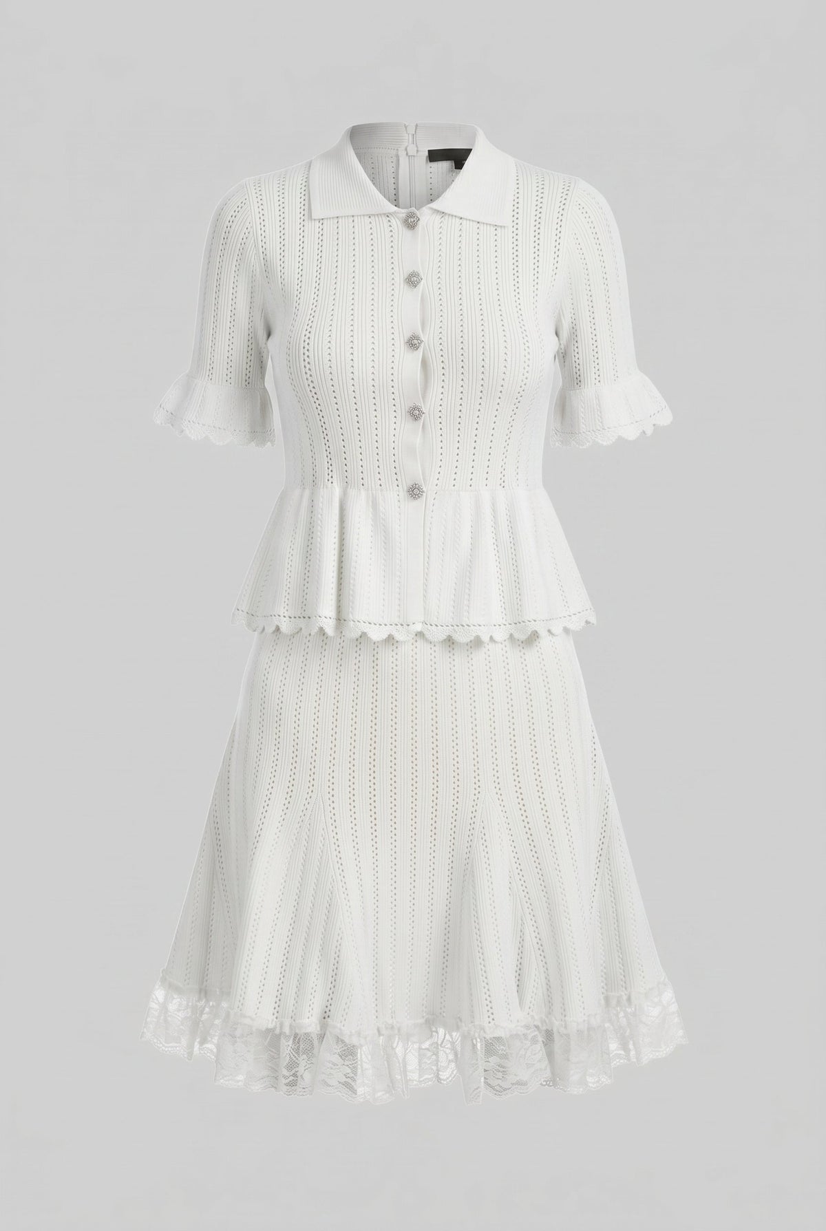 Peter-Pan Collar Knit Peplum Co-Ord set With Lace Hem - White