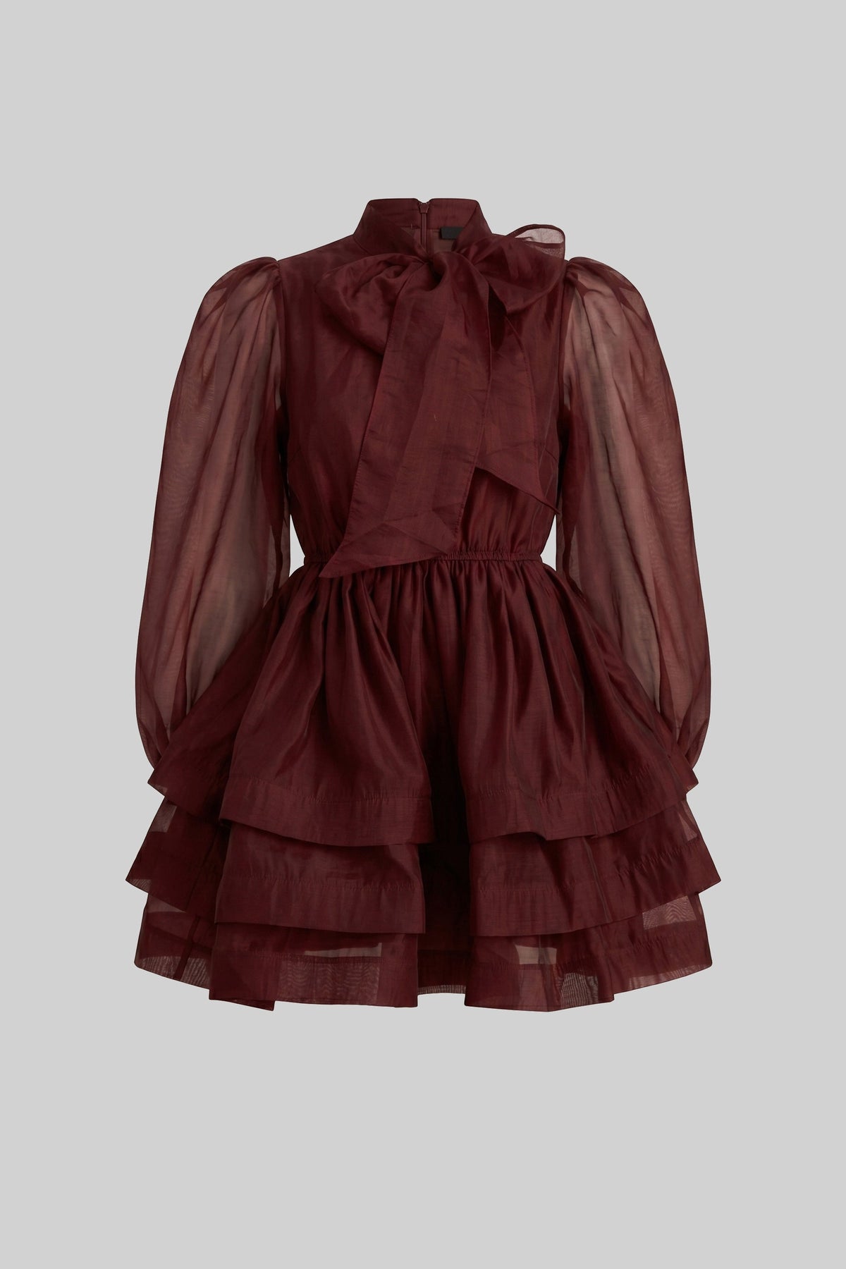 High-Neck Puff-Sleeve Mini Dress With Tiered Ruffle Skirt And Bow - Wine