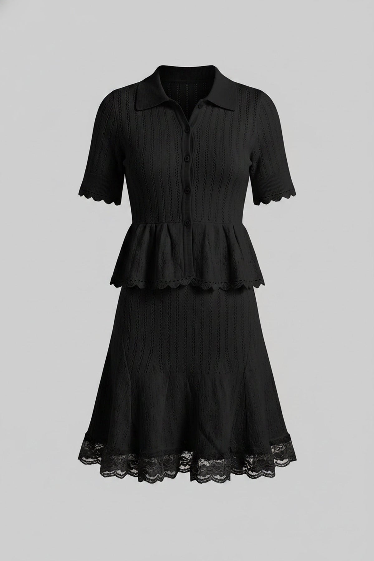Polo-Collar Mini Dress With Button Top, Peplum Waist And Lace Hem - Black