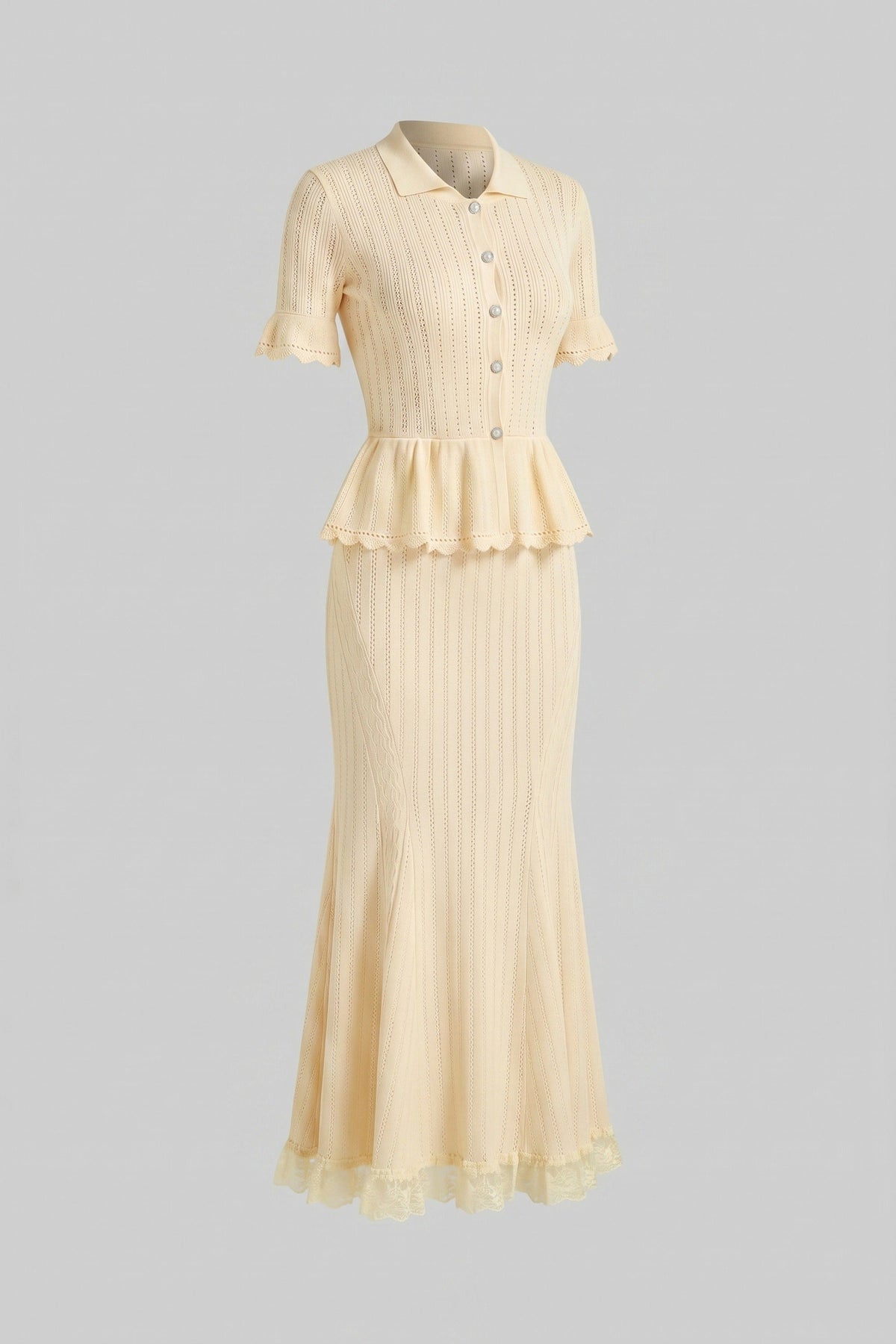 Peter-Pan Collar Knit Peplum Maxi Dress With Lace Hem - Yellow