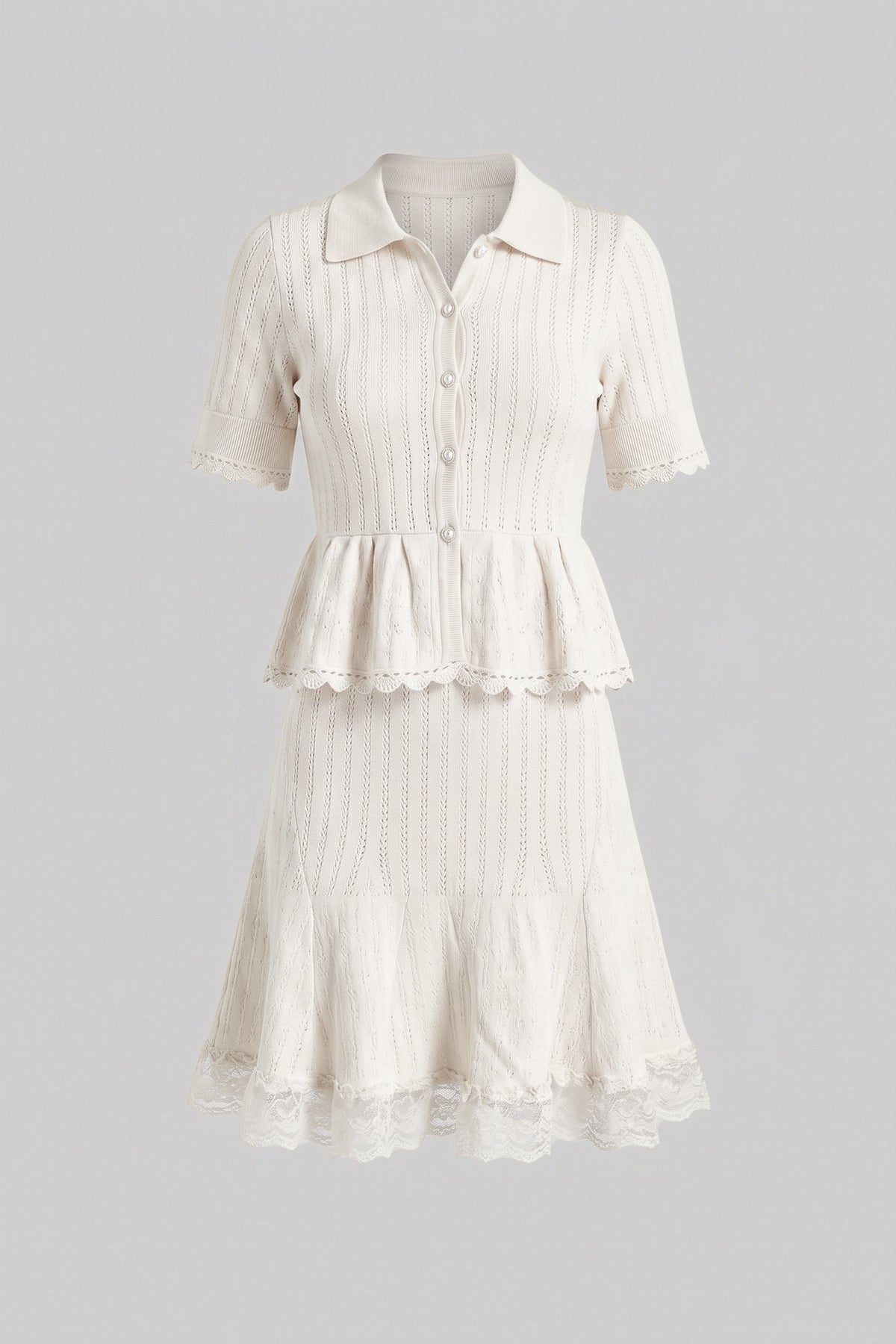 Polo-Collar Mini Dress With Button Top, Peplum Waist And Lace Hem - White