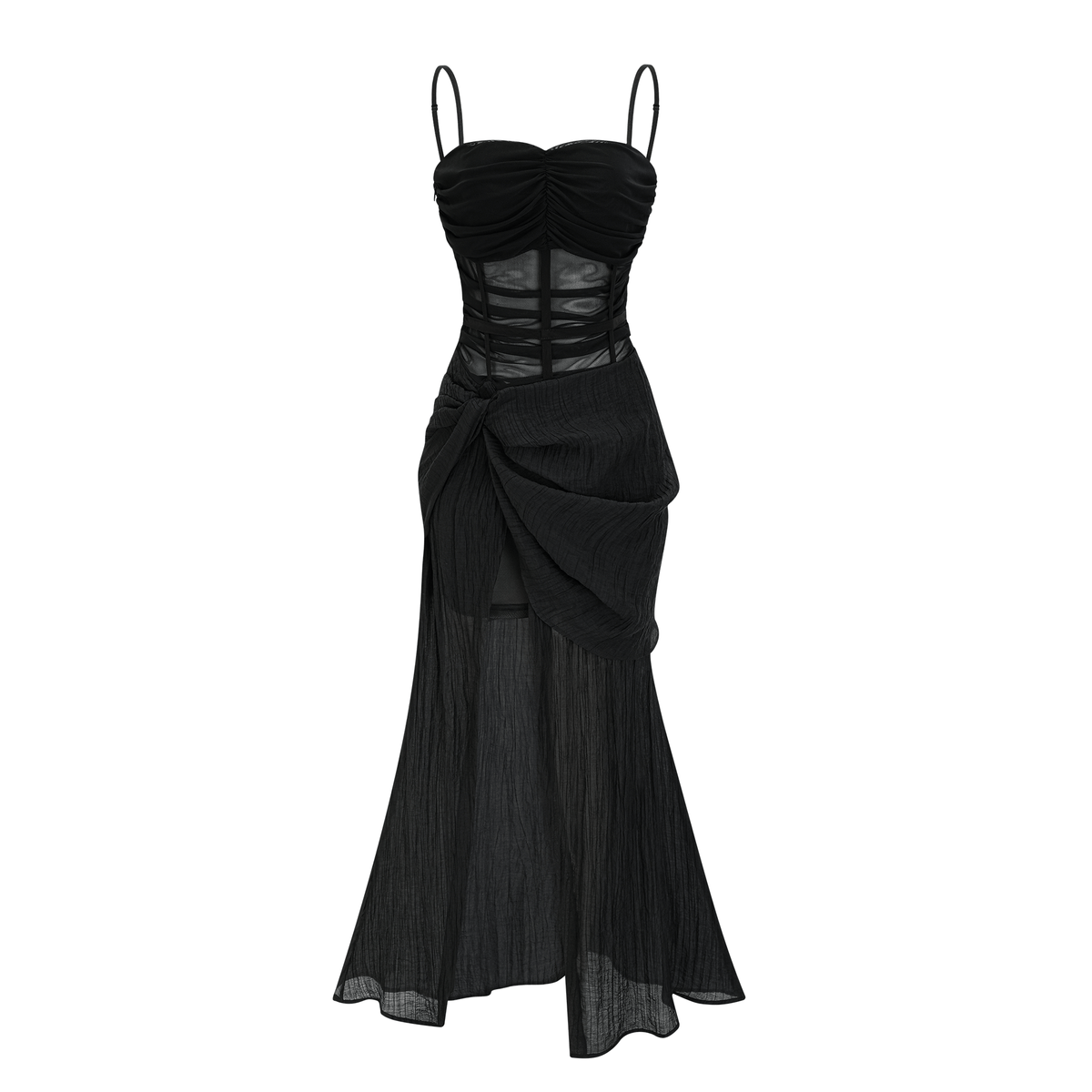Guinevere black sheer asymmetrical midi dress