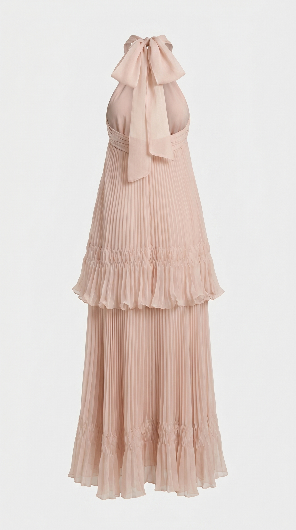 Cyan - Tiered Plissé Halter Maxi Gown