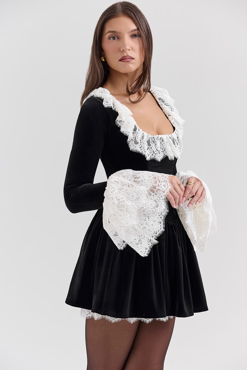 Czarina Black Velvet Lace Trimmed Mini Dress
