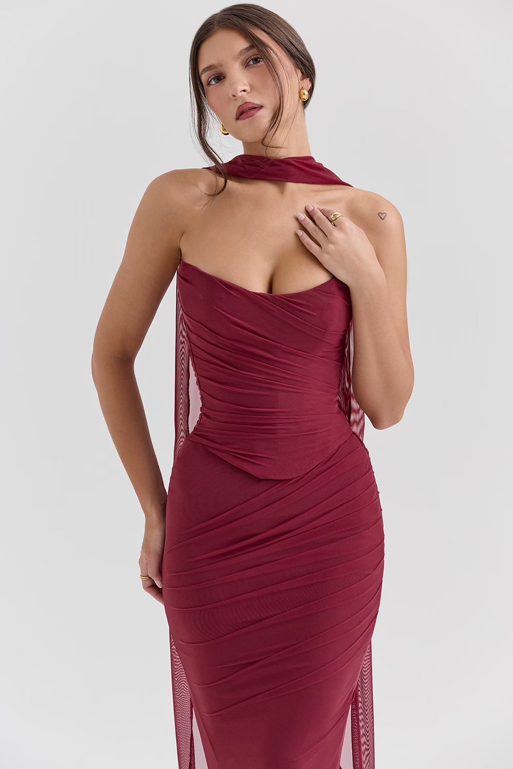 Cassidy Cabernet Fluted Hem Mesh Maxi Skirt