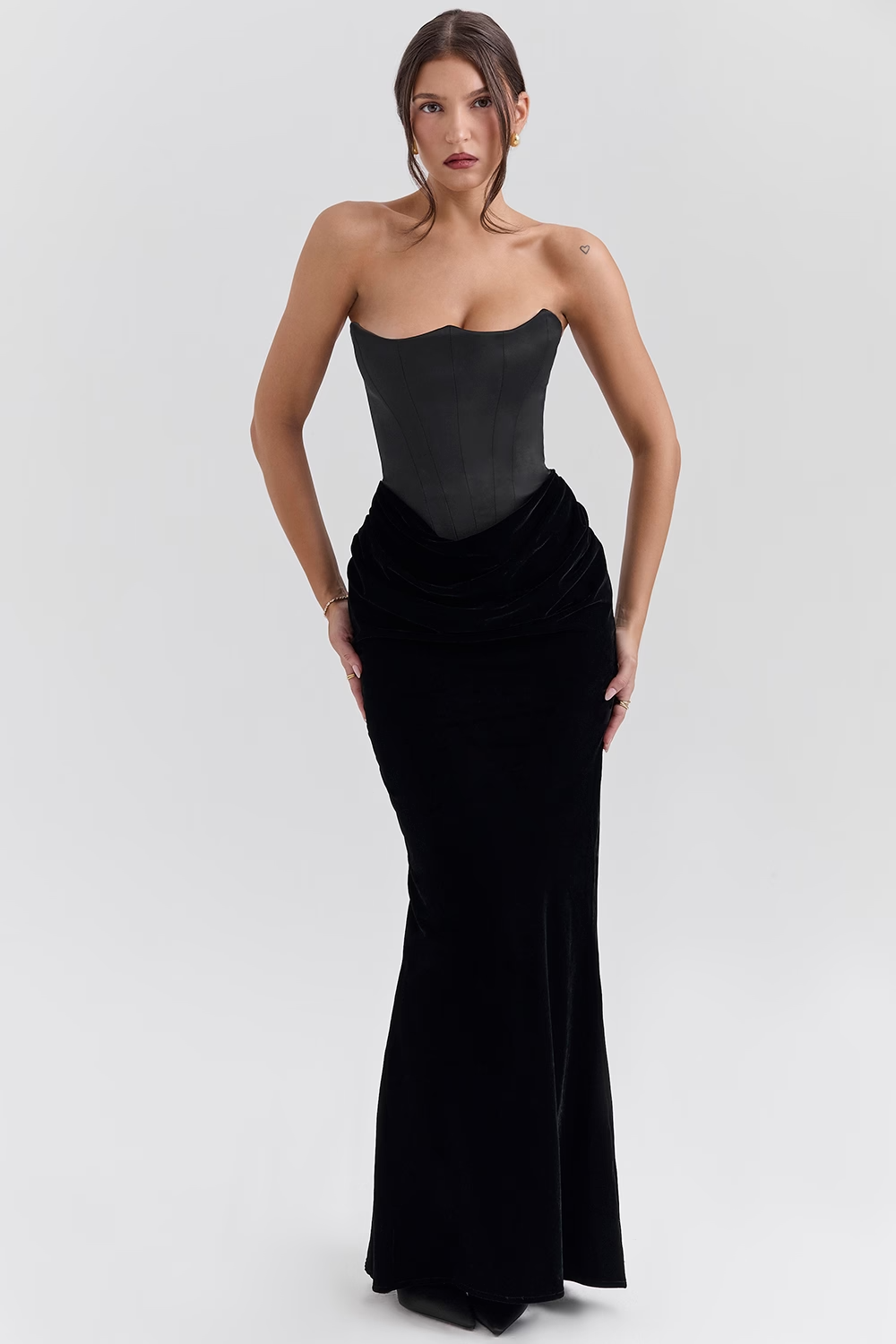 Persephone Black Velvet Strapless Corset Maxi Dress