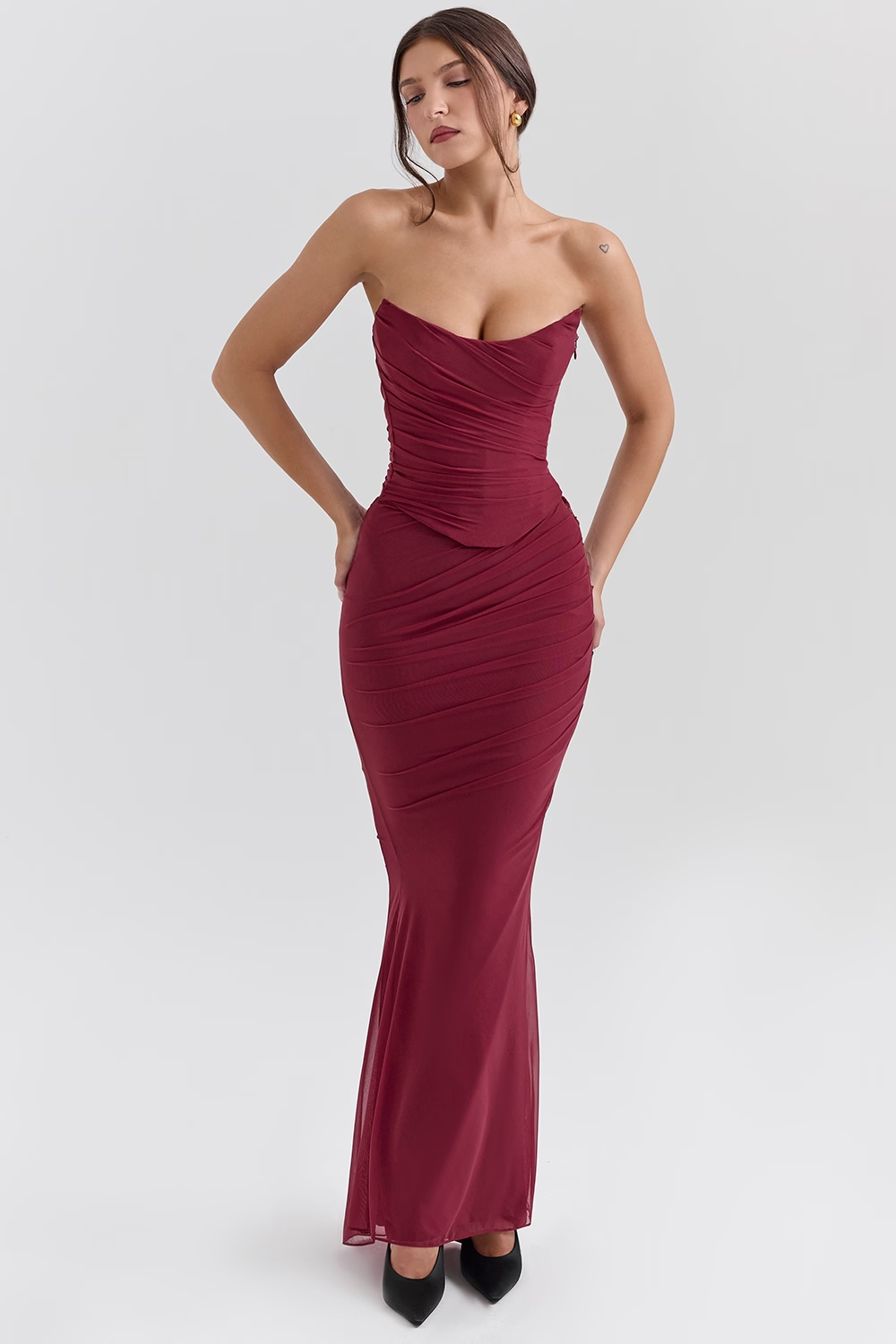 Cassidy Cabernet Fluted Hem Mesh Maxi Skirt