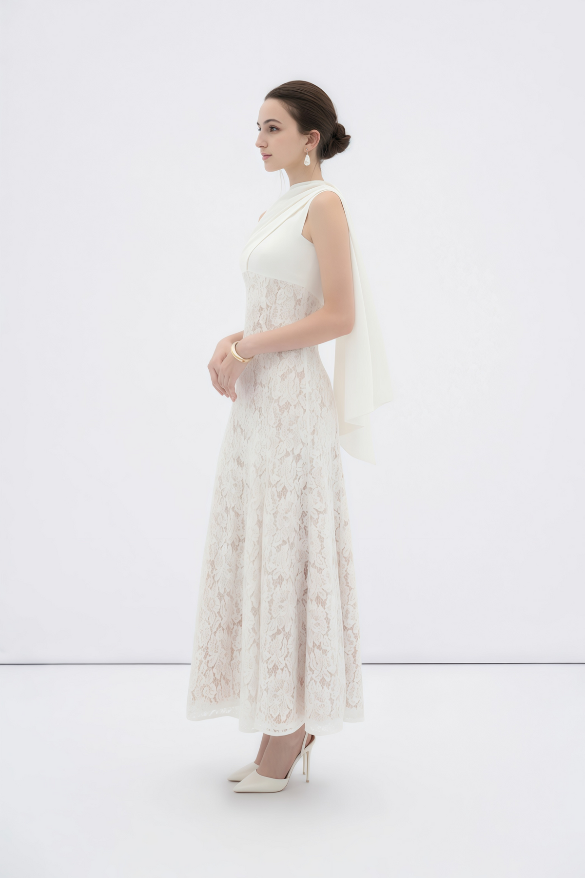 Marzia White Ribbon Detail Floral Lace Maxi Dress