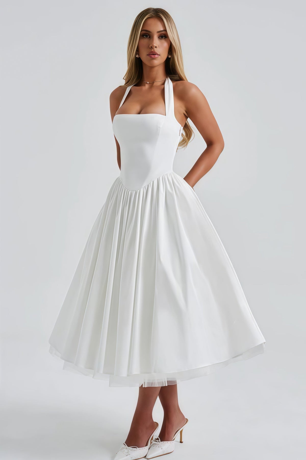Eponine White Layered Flared Hem Midi Dress
