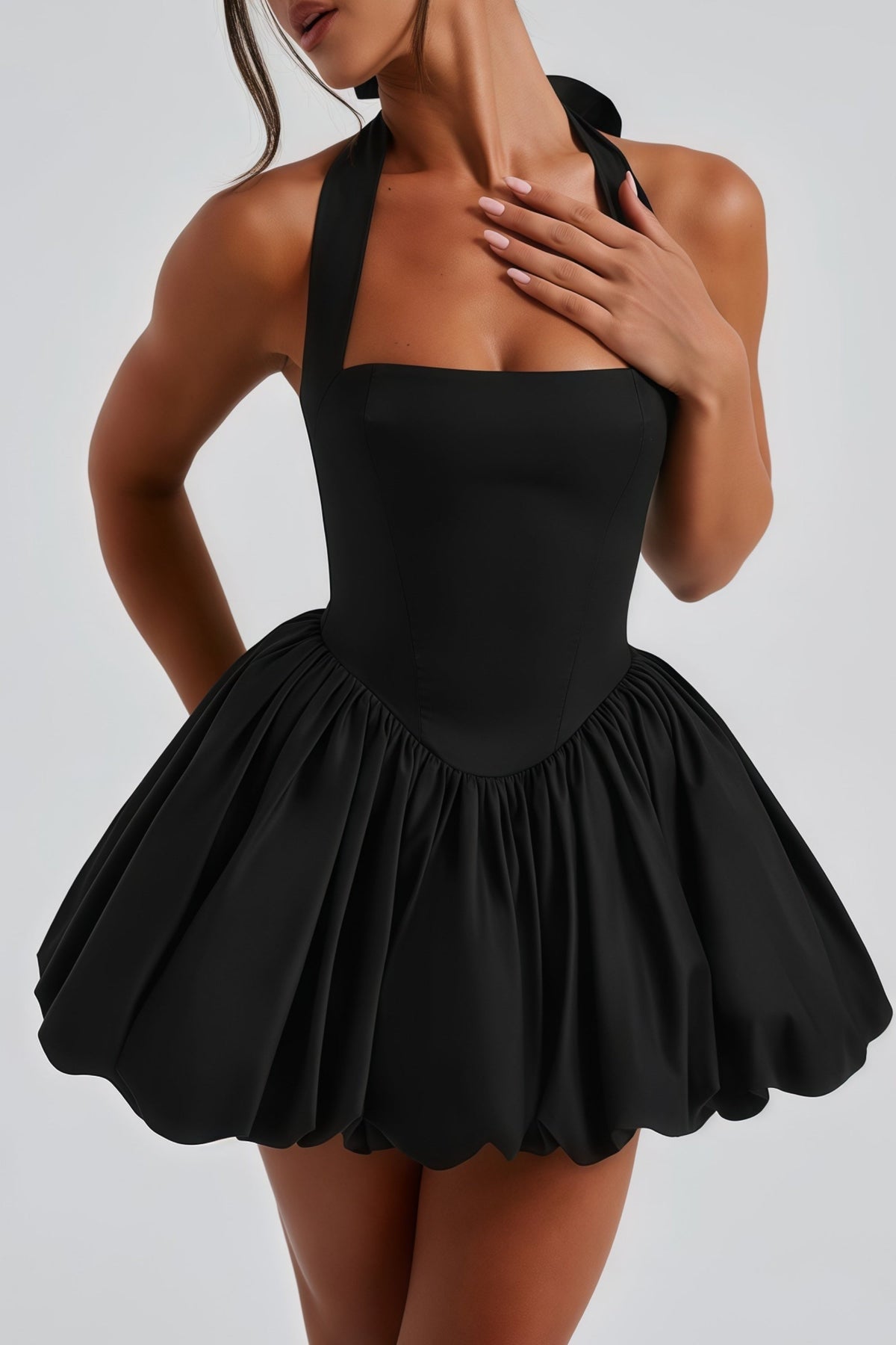 Anaelle Black Shirred Puffball Mini Dress