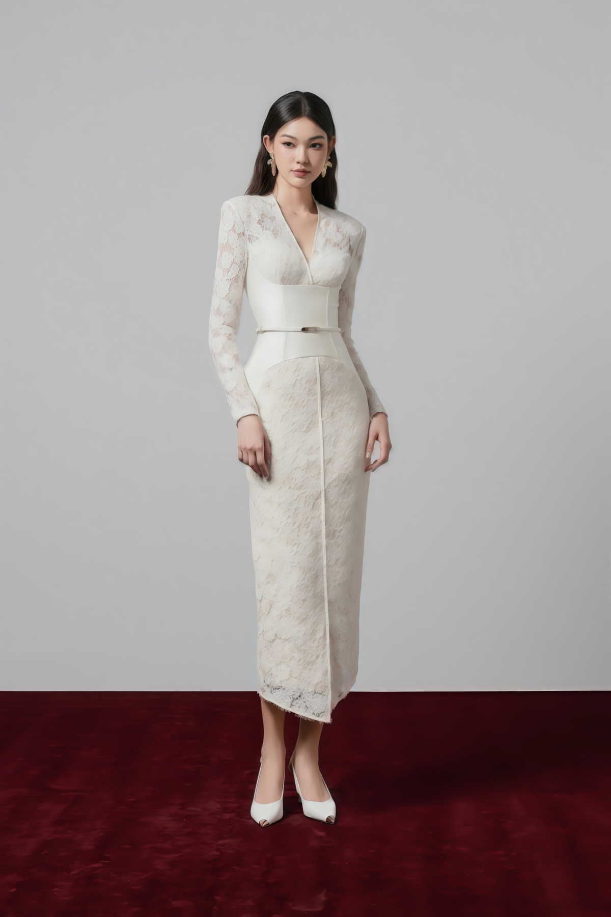 Oona White Floral Lace Pencil Midi Dress