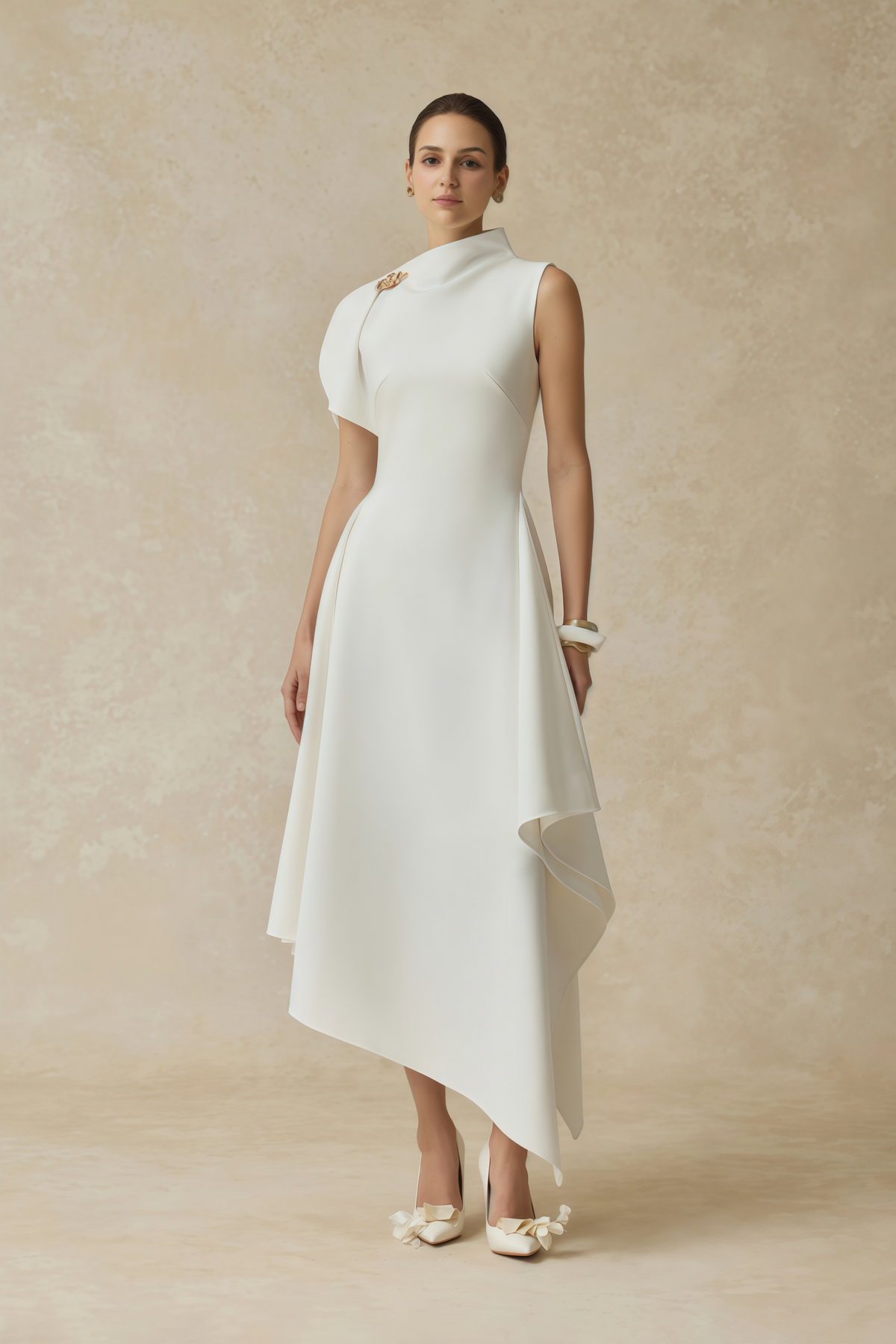 Liana White Asymmetrical Flared Midi Dress
