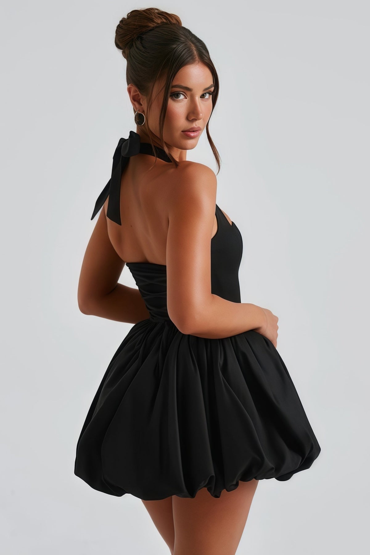 Anaelle Black Shirred Puffball Mini Dress