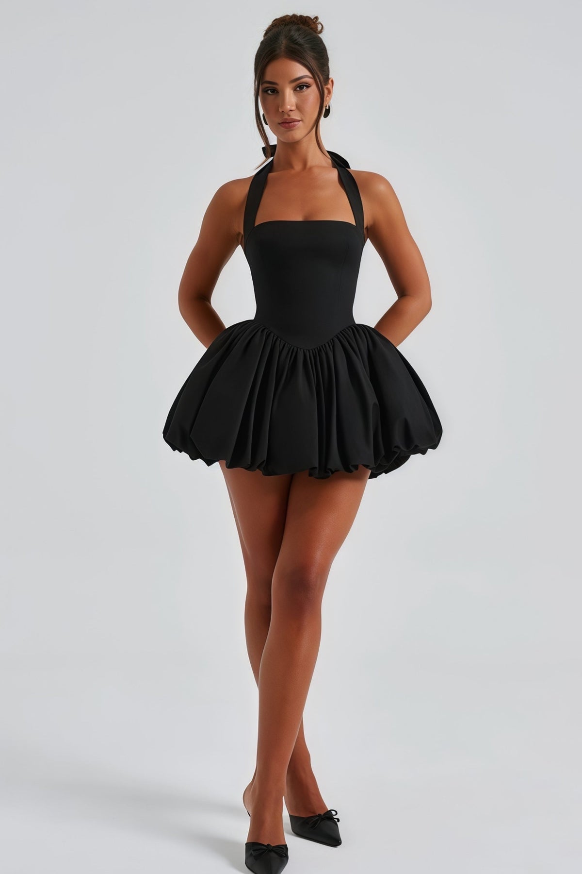 Anaelle Black Shirred Puffball Mini Dress