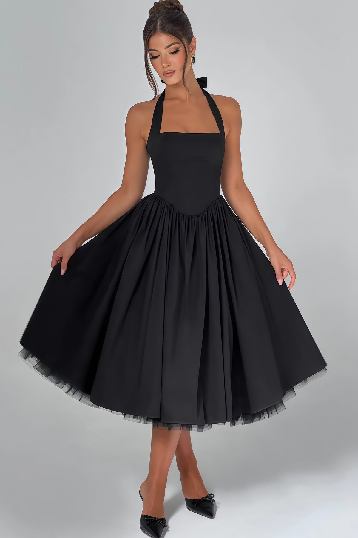 Eponine Black Layered Flared Hem Midi Dress