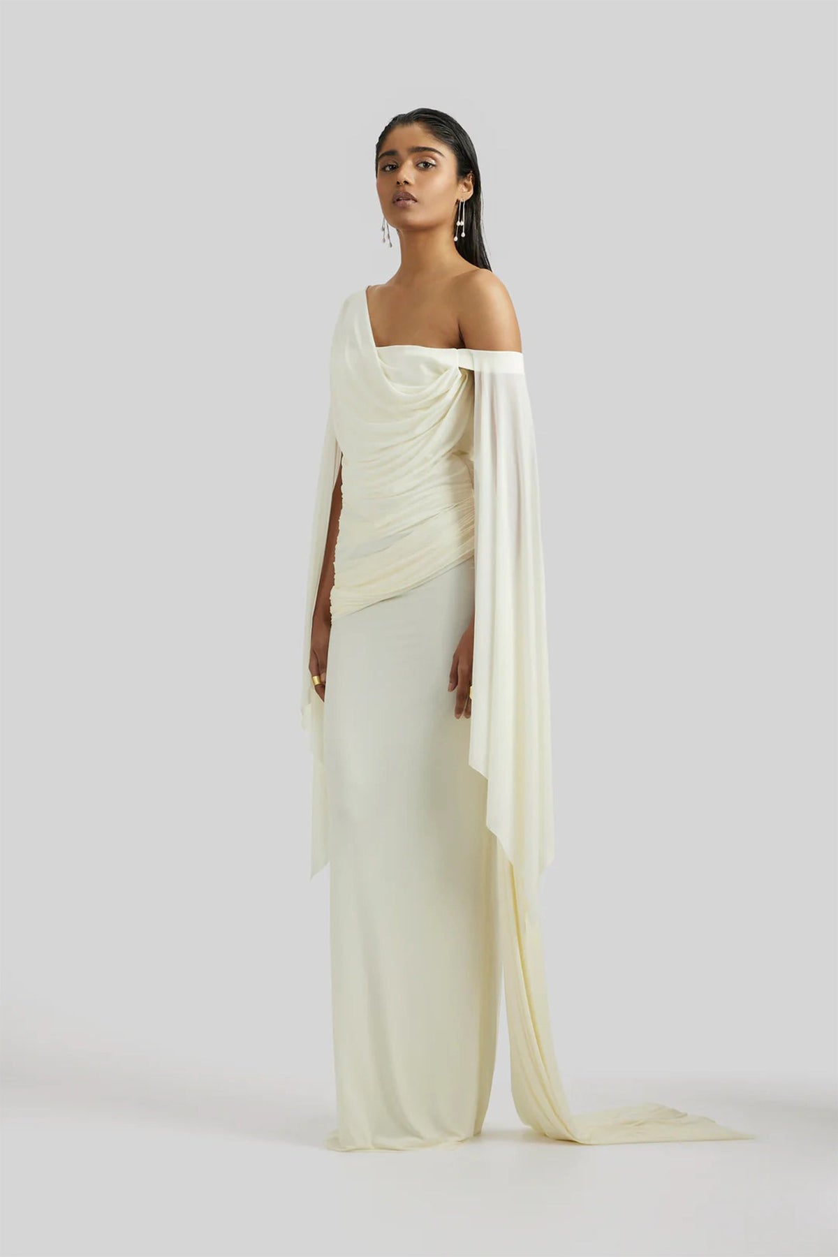 Aurianne White Asymmetrical Draped Maxi Dress