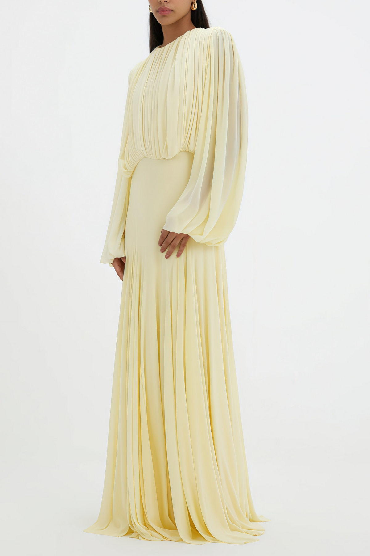 Annabelle Yellow Lantern Sleeve Pleated Maxi Dress