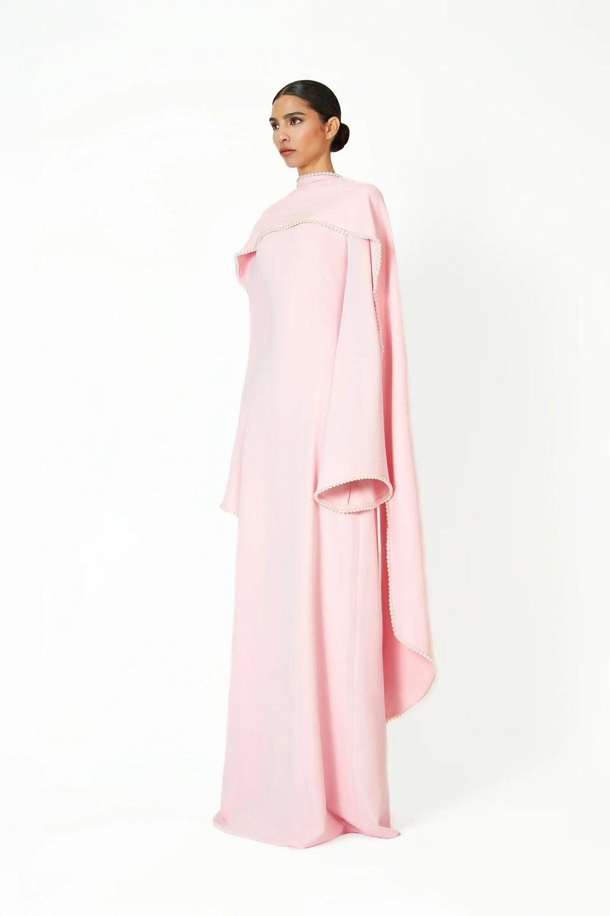 Piroska Pink Pearl Trim Shawl Detail Maxi Dress