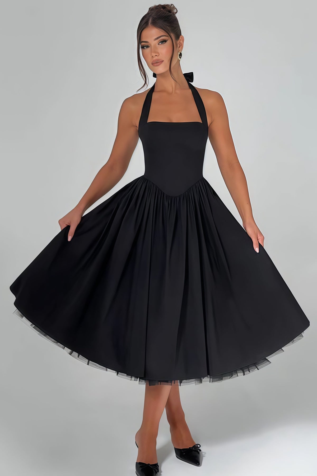 Eponine Black Layered Flared Hem Midi Dress