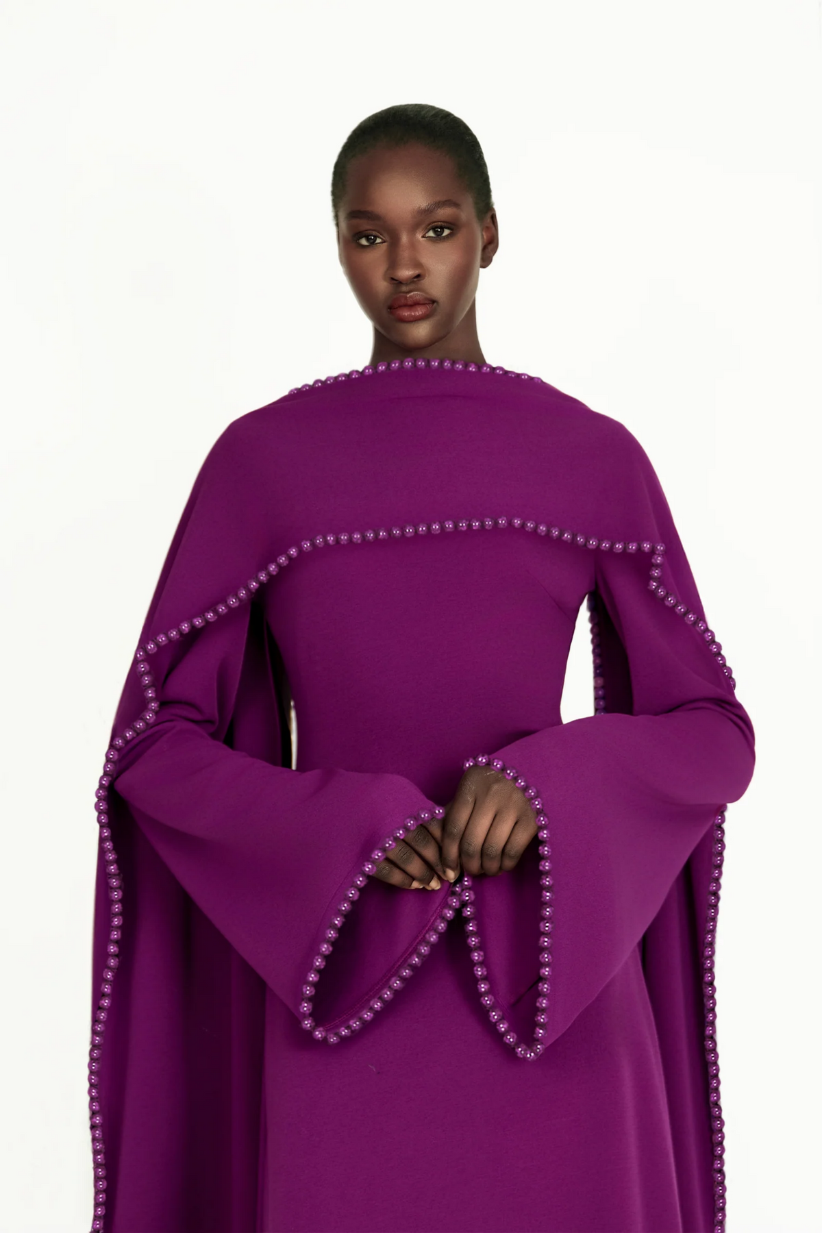 Piroska Purple Pearl Trim Shawl Detail Maxi Dress