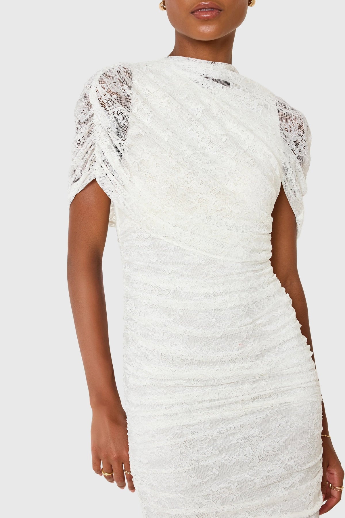 Sylphe White Asymmetrical Ruched Mesh Maxi Dress