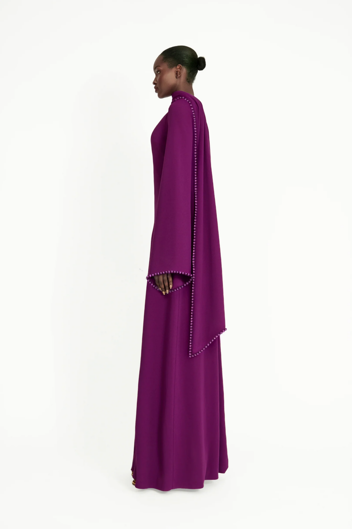 Piroska Purple Pearl Trim Shawl Detail Maxi Dress
