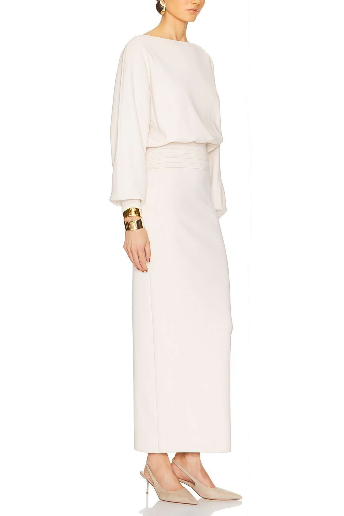 Boglárka White Cinched Knitted Waist Midi Dress (Final Sale)