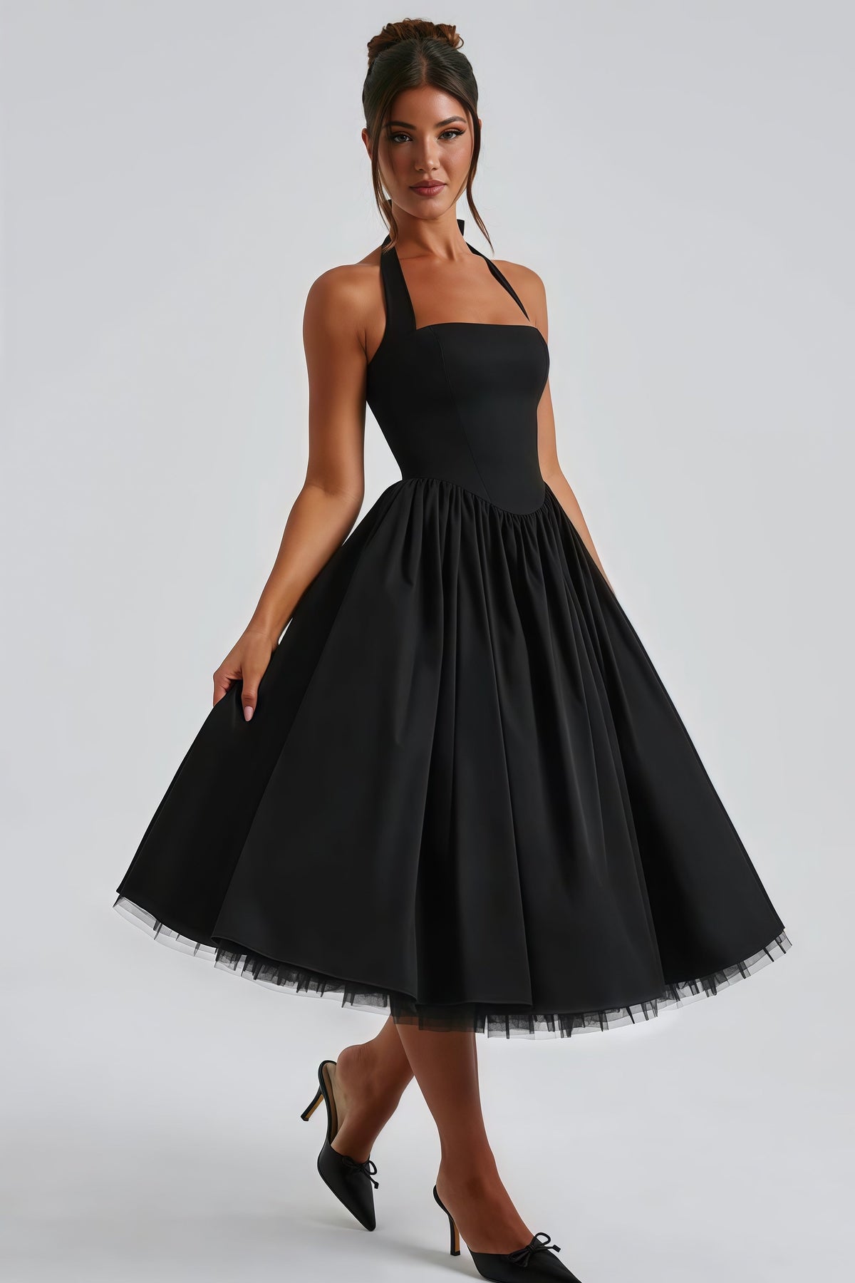Eponine Black Layered Flared Hem Midi Dress