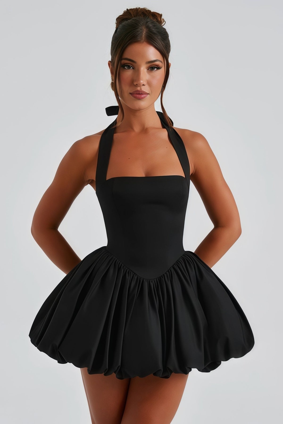 Anaelle Black Shirred Puffball Mini Dress