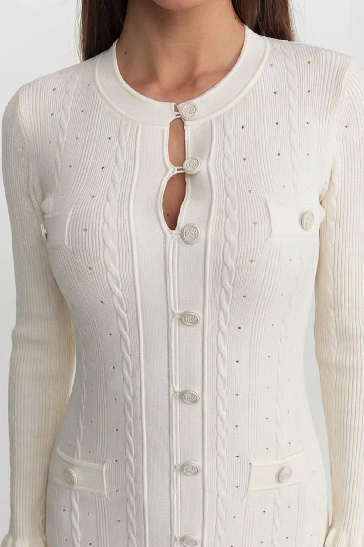 Knit Button-Front Midi Dress with Pointelle Detailing – Ivoire