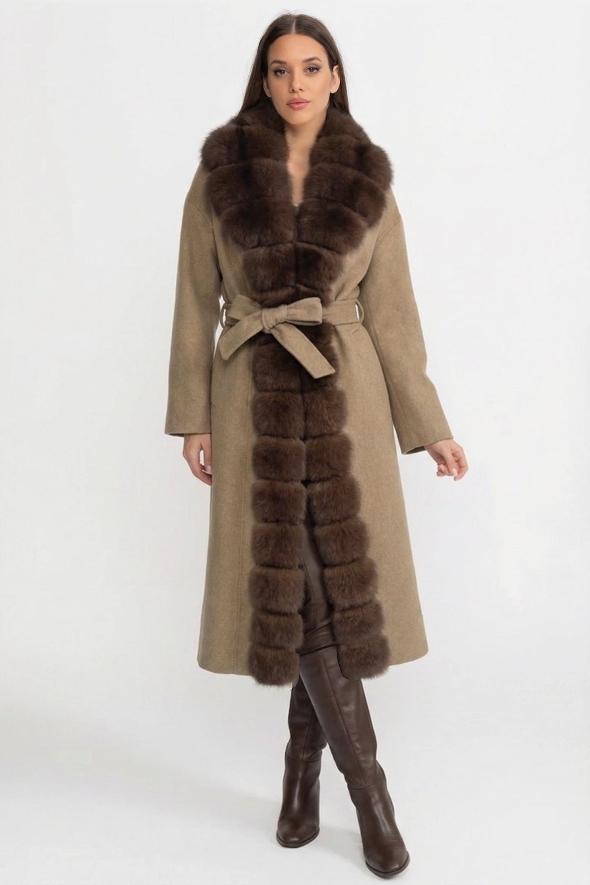 Wool Long Coat with Fox Fur Front – Khaki