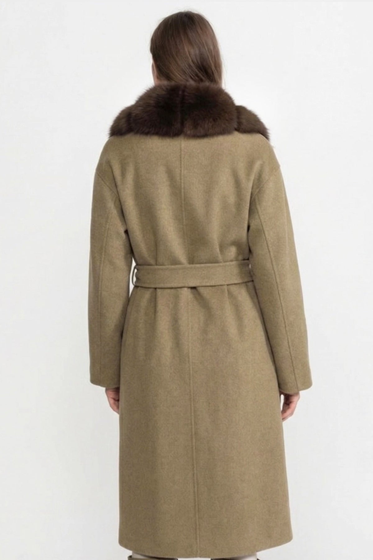 Wool Long Coat with Fox Fur Front – Khaki