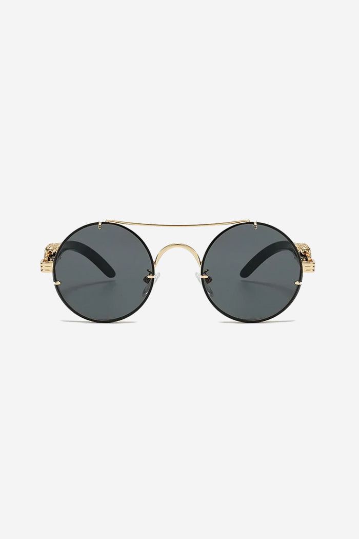 Round Sunglasses with Sculpted Leopard Temples and Double Gold Bridge – Black