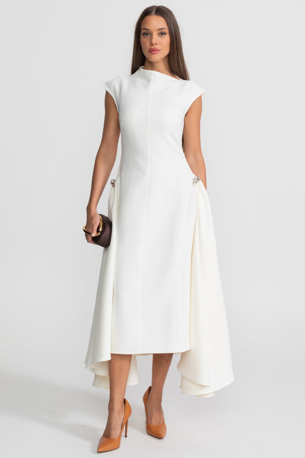 Structured Midi Dress with High-Low Hem and Metal Ring Details - White