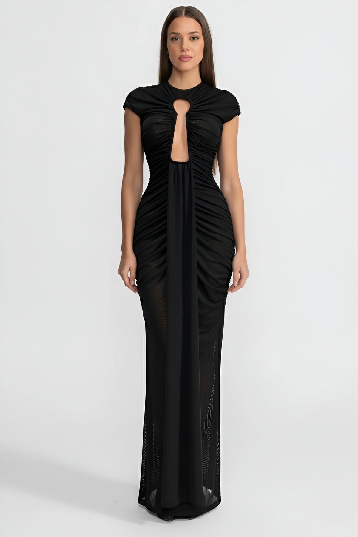Draped Cut-Out Gown With Gathered Detailing – Black