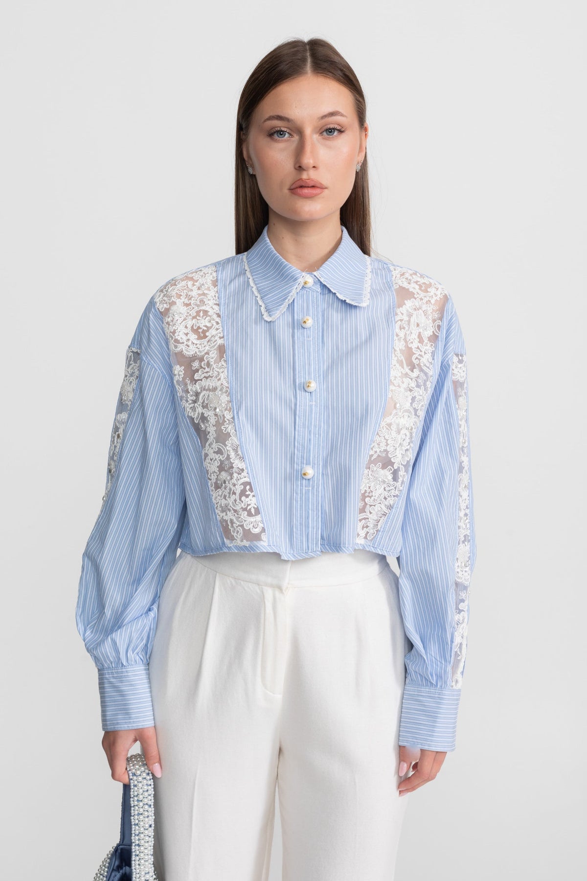 Striped Cotton and Lace Panel Shirt – Light Blue