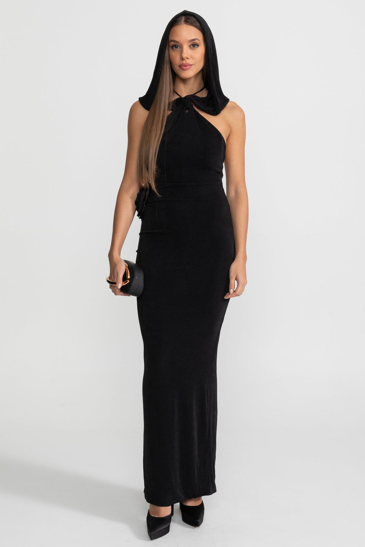 Silhouette Maxi Dress with Draped Hood and Side Rosette - Black