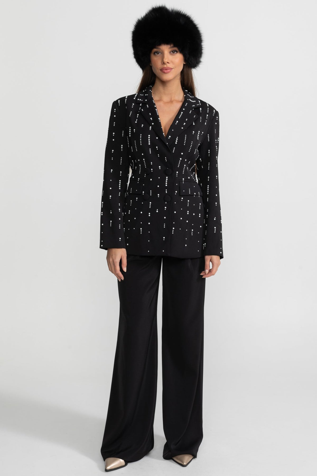 Tailored Blazer With White Bead Embellishments - Black